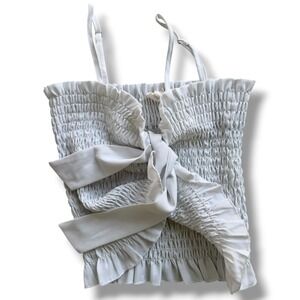 BIB! Womens M White Light Blue Smocked Tie Front Camisole Top Ruffle Trim BT2899